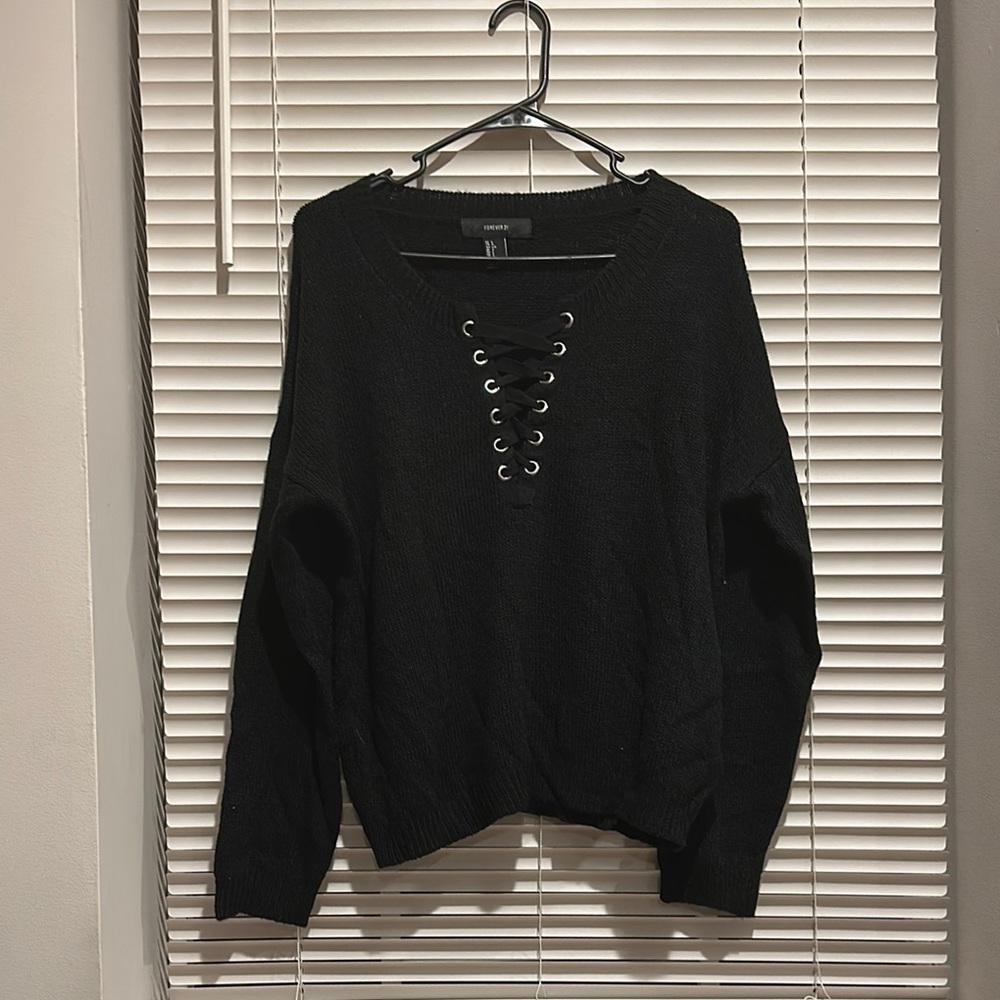 Black Lace-Up Sweater